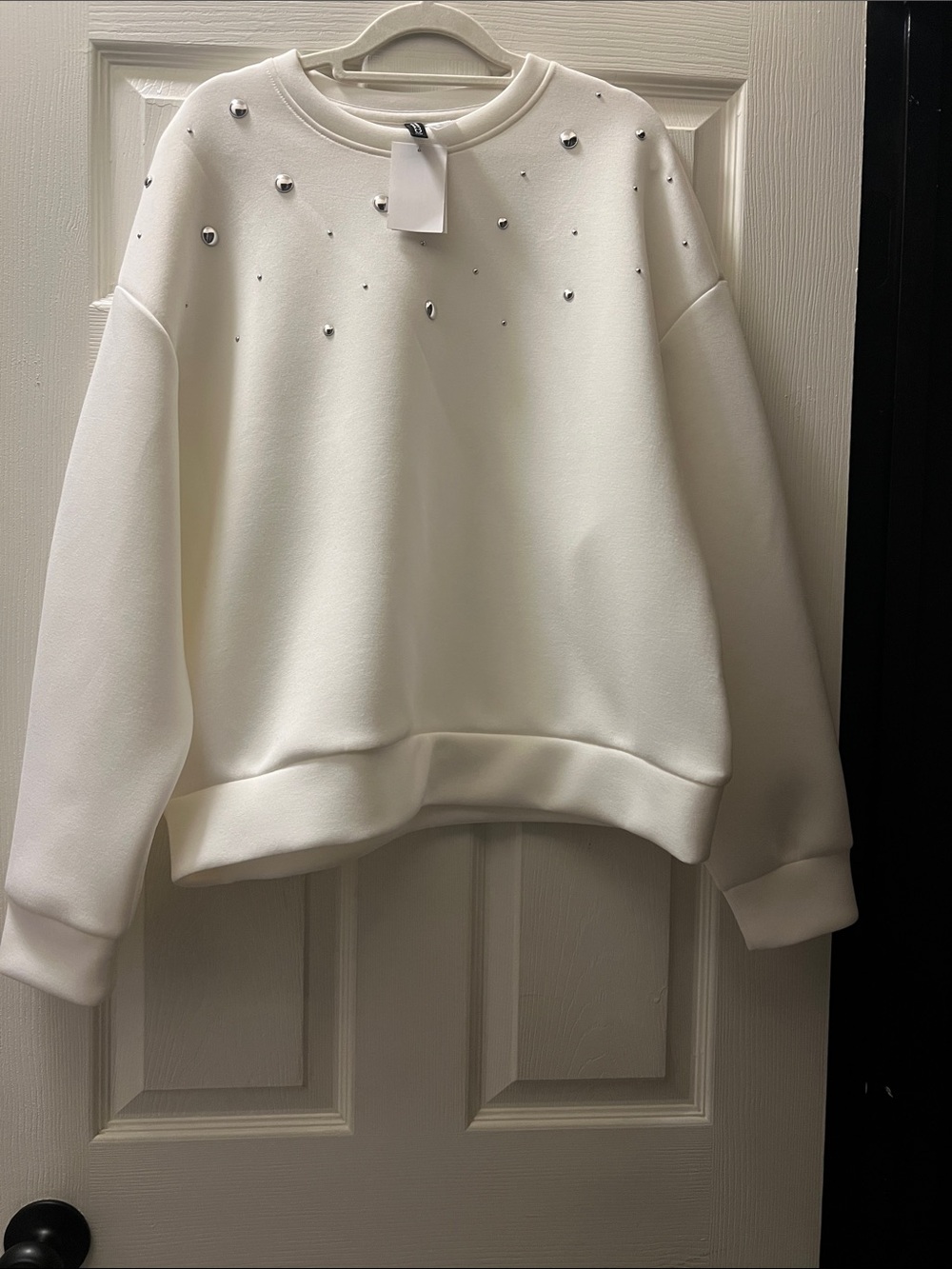 Divided White Crewneck Sweatshirt with Rhinestone Detail